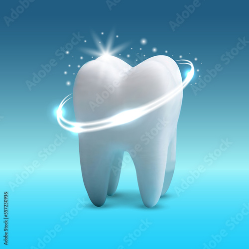 Realistic tooth. 3d teeth whitening. Realistic Healthy tooth with glowing effect.