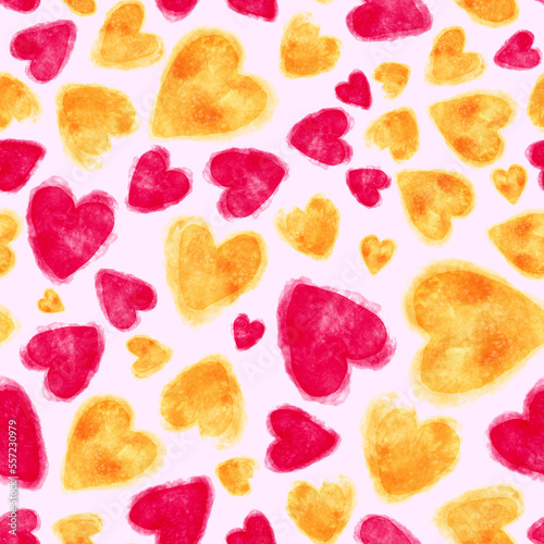 Watercolor seamless pattern with hearts. Bright watercolor romantic texture. ...