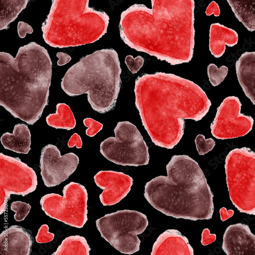 Watercolor seamless pattern with hearts. Bright watercolor romantic texture. ...