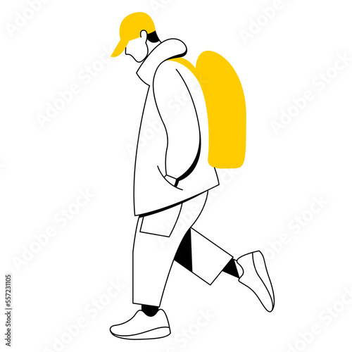 vector flat design trendy linear image stylish modern man, guy, boy, student, teenager walking down the street. street style. useful for web, graphic design, print, card, poster, flyer. 2d people.