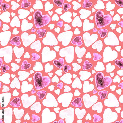 Watercolor seamless pattern with hearts. Bright watercolor romantic texture. ...