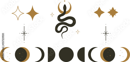 Mystical set of moon phases, stars and snake.