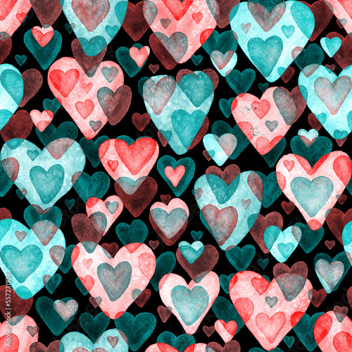 Watercolor seamless pattern with hearts. Bright watercolor romantic texture. ...