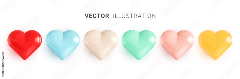 Set of multicolored hearts. Group of heart icons in different colors. Valentine's Day greeting card design elements. Realistic 3D vector illustration on white background