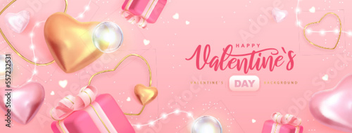 Happy Valentines Day poster with 3D pink and gold love hearts and gift box. Valentine holiday background. Vector illustration