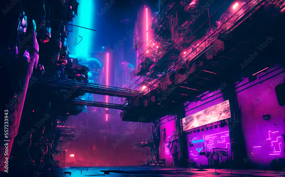 Purple neon night in a industrial zone of a cyberpunk city. Futuristic cityscape. City of a future with bright neon lights. Grunge urban wallpaper. Generative AI illustration. - obrazy, fototapety, plakaty 