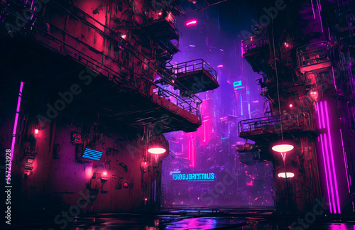 Purple neon night in a industrial zone of a cyberpunk city. Futuristic cityscape. City of a future with bright neon lights. Grunge urban wallpaper. Generative AI illustration.