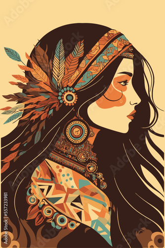 boho indian tribal girl portrait with feathers in hair and wearing traditional poncho