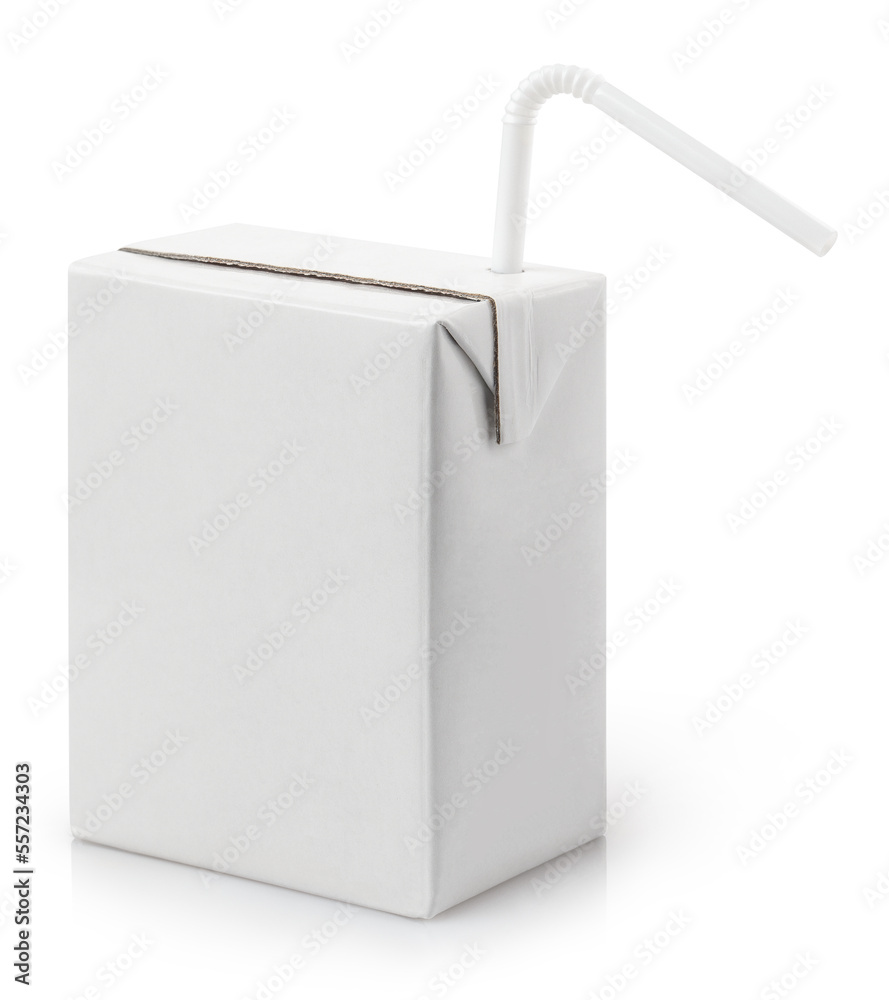 Blank carton juice pack with plastic tube, isolated on white background Blank carton juice pack with plastic tube, isolated on white background