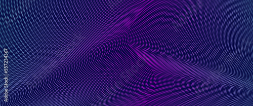 Dark glowing blue, purple, magenta background with dotted wave pattern in the centre. Abstract technology design. Curved spotted lines. Creative cyber-concept for landing page, banner, website, flyer