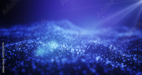 Abstract blue glowing energy waves from particles and magical dots with blur effect on dark background. Abstract background © Bolbik