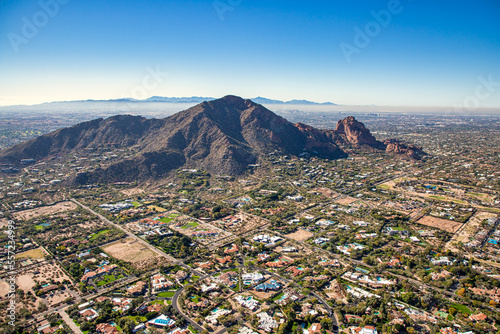 Above Paradise Valley, Arizona looking SW at Camelback Mountain on a cool December morning.