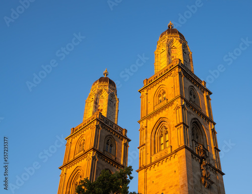 Two bell towers of Grossmunster reformed church in Zurich, Switzerland photo