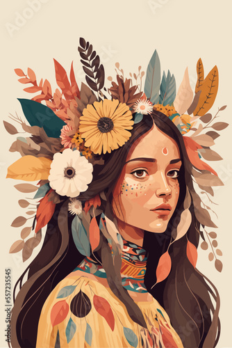 boho indian tribal girl portrait with feathers in hair and wearing traditional poncho