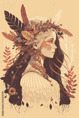 boho indian tribal girl portrait with feathers in hair and wearing traditional poncho