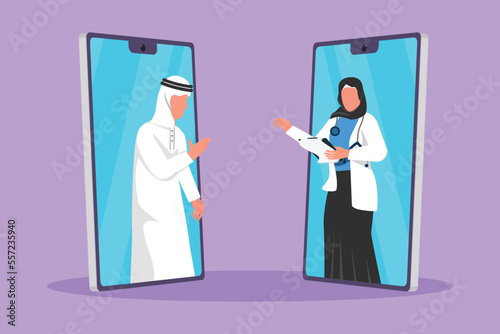 Cartoon flat style drawing two smartphone face to face contain male patient talking online with Arab female doctor while holding clipboard. Online digital medical. Graphic design vector illustration