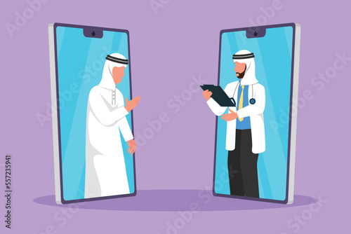 Graphic flat design drawing two smartphone face to face contain Arabian man patient talking online with male doctor while holding clipboard. Online digital medical. Cartoon style vector illustration