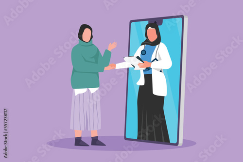 Character flat drawing Arab woman patient shaking hand with beauty female doctor coming out of smartphone and holding clipboard. Online medical consultation concept. Cartoon design vector illustration