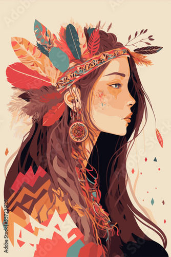 boho indian tribal girl portrait with feathers in hair and wearing traditional poncho