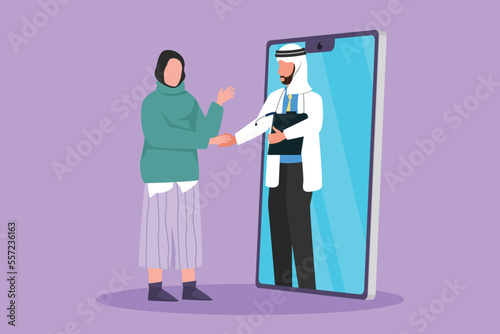 Cartoon flat style drawing Arab female patient standing and shaking hand with male doctor coming out of smartphone and hold clipboard. Online medical consultation. Graphic design vector illustration