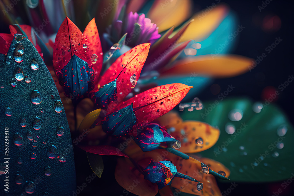 Close up of wild tropical flowers and plants, deep rich moody colours, dew drops. Generative AI.