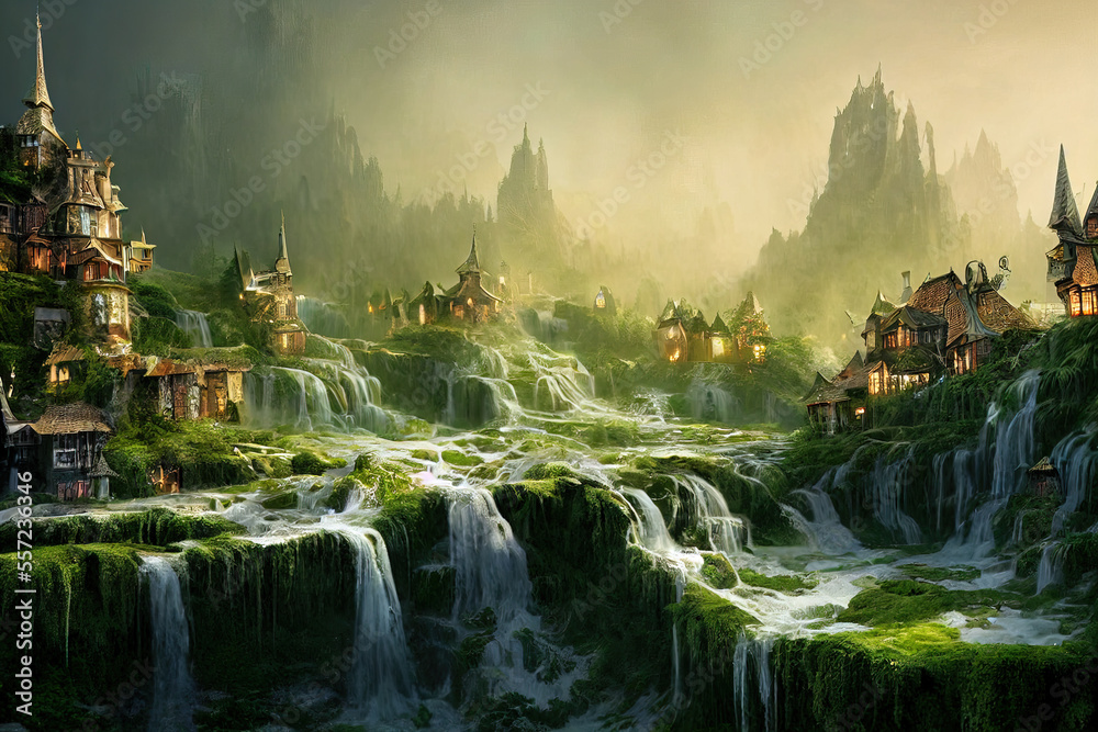 Background for a fairy tale, a fantastic castle in a fascinated valley with waterfalls