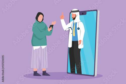 Cartoon flat style drawing Arab female patient holding cell phone standing facing giant smartphone and consulting male doctor. Doctor online or digital healthcare. Graphic design vector illustration