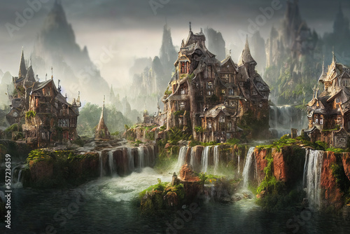 Background for a fairy tale  a fantastic castle in a fascinated valley with waterfalls