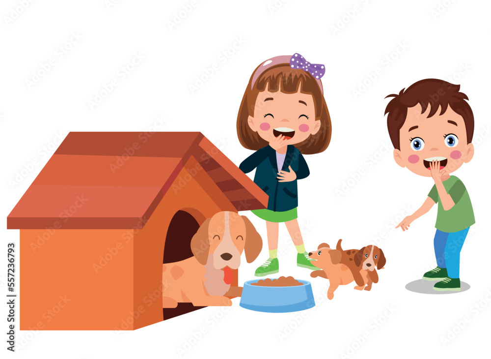 happy cute little kid play with dog