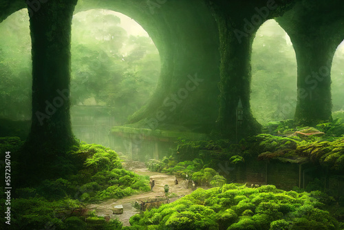 Green fantastic Japanese landscape, cave, trees and stones. Gen Art