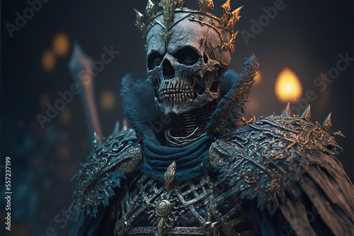 Skeleton King Grim reaper with haunted, creepy graveyard mage, Dark Souls like Digital art video game Generative AI photo