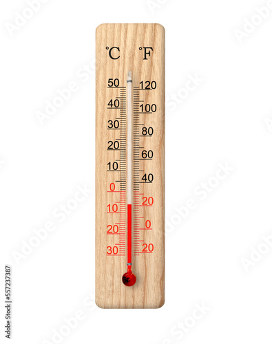 Wooden celsius and fahrenheit scale thermometer isolated on transparent background. PNG file. Ambient temperature minus 6 degrees