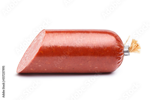 Photography Piece of salami smoked sausage, isolated on white background