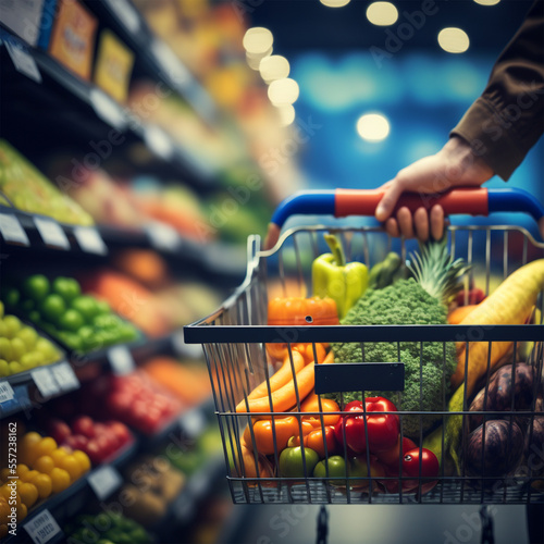 hand hold supermarket shopping cart with abstract blur organic fresh fruits and vegetable on shelves in grocery store defocused bokeh light background