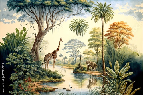 African tropical rainforest scene depicted in a 3D watercolor painting with trees close to a river and giraffes. Generative Ai