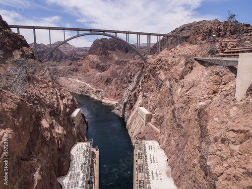 View over the Colorado River and the Mike O'Callaghan–Pat Tillman Memorial Bridge from the Hoover Dam.
