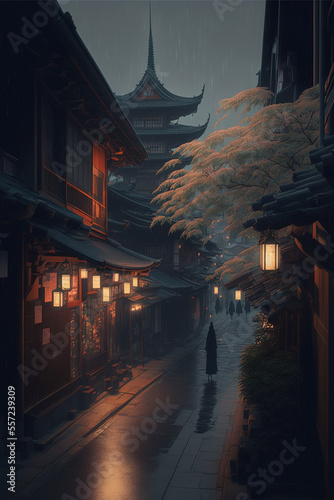 Asian street in moody weather at night
