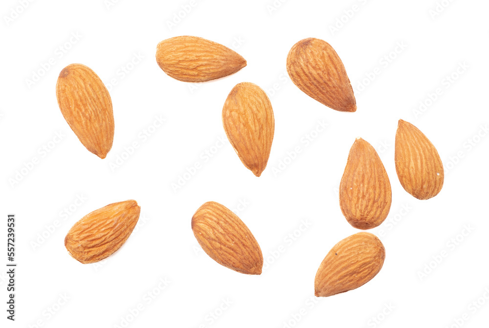 Almond nuts isolated on white background.
