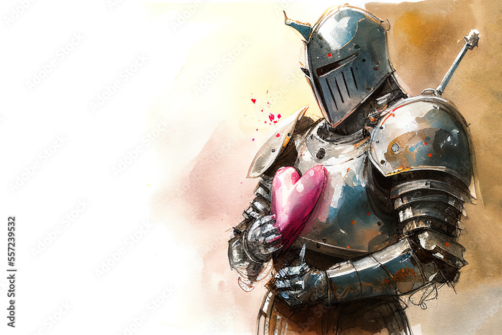 Fototapeta premium Knight in shining armour holding pink love heart, watercolour sketch. Generative AI.