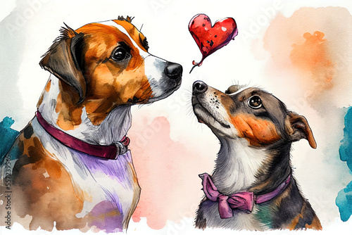 Couple of dogs sitting next to each other, watercolor painting, with love heart balloon. Generative AI.