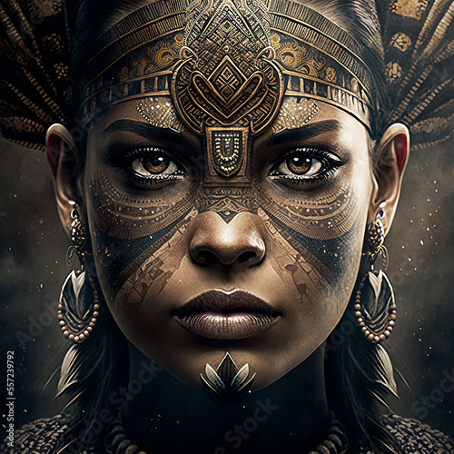 Aztec woman warrior face closeup