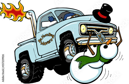 funny cartoon truck running over snow man