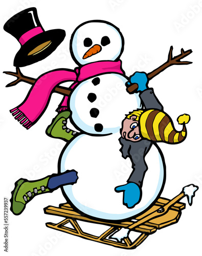 funny cartoon of man stuck in a sledding snowman