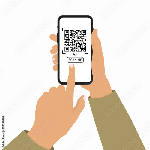 QR code mobile phone scan on screen. in hand on white background. Flat Style. Vector illustration.