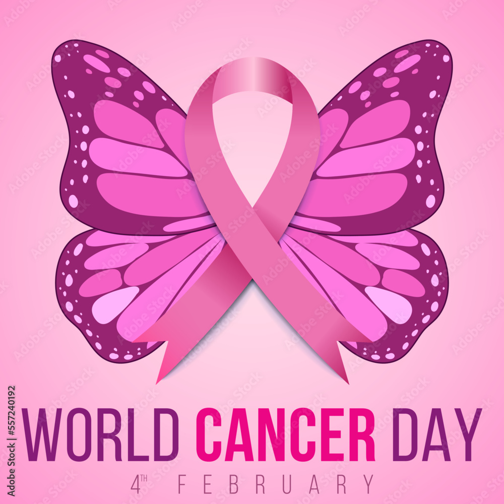 World cancer day butterfly illustration with pink ribbon