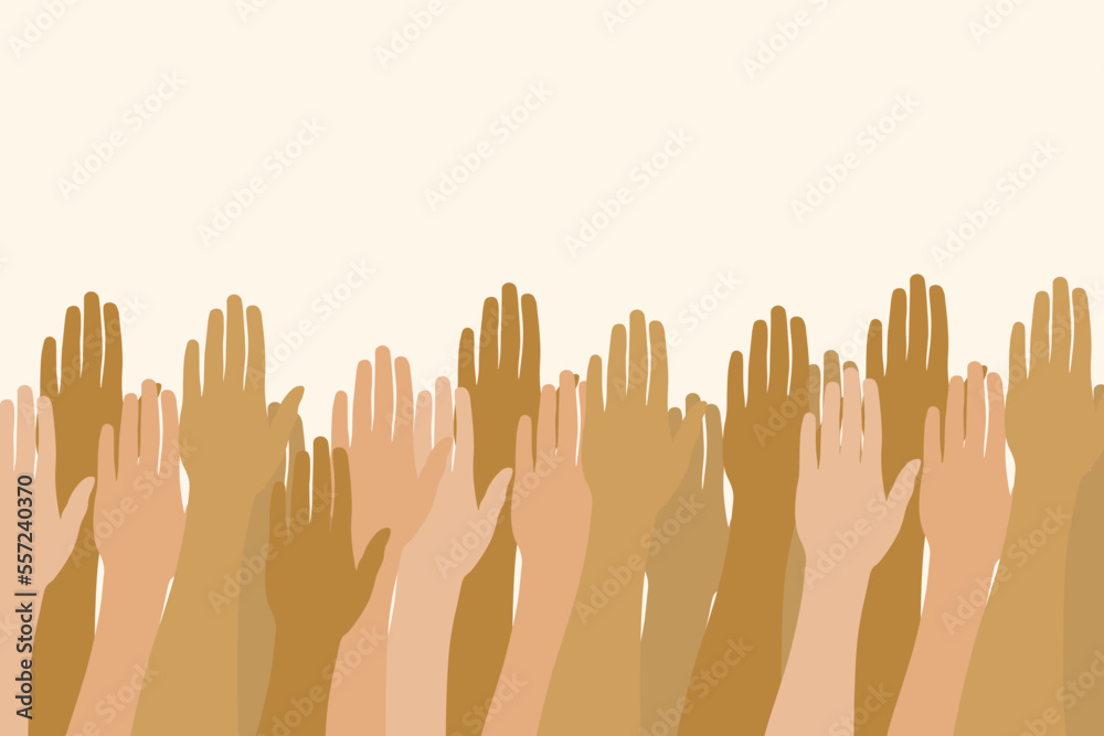 vector hands of different colors. Multiracial hands reaching up. Vector illustration