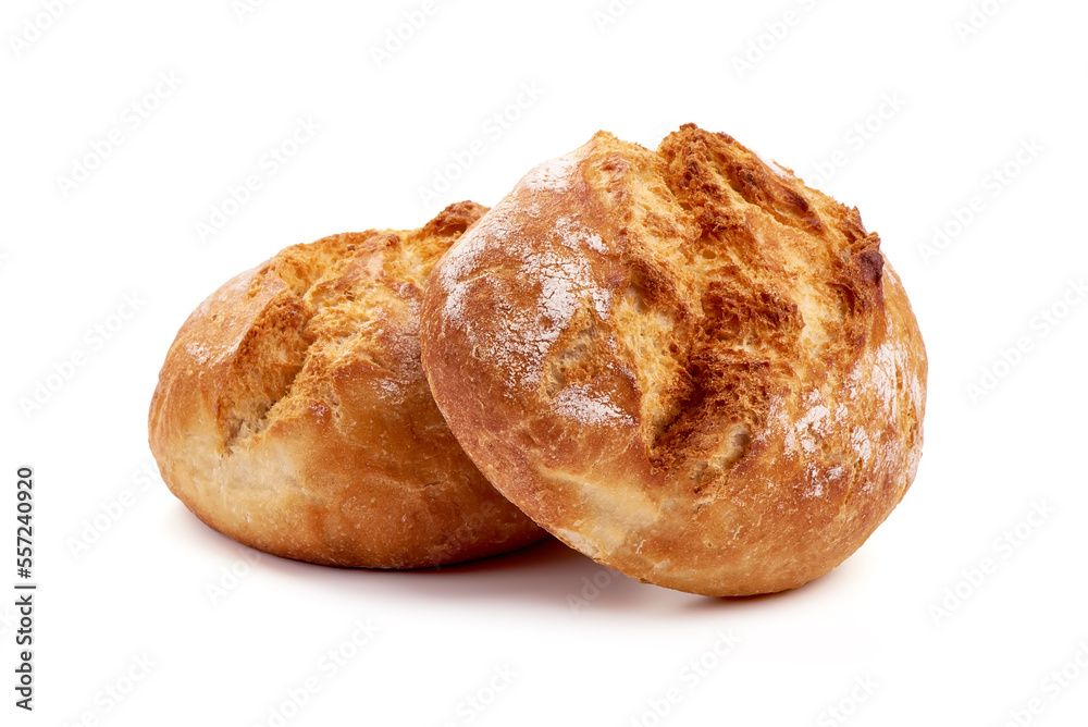 Crusty round bread rolls, isolated on white background.