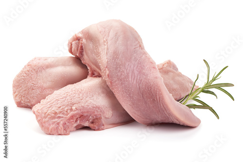 Raw pork tongue with rosemary, close-up, isolated on white background. photo