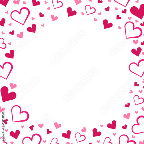 Heart border for Valentines day with red glitter. February 14th day. Vector confetti for heart border template. Grunge hand drawn texture. Love theme for poster, gift certificate, banner.