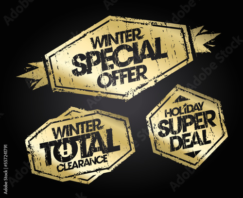 Winter sale golden rubber stamps vector set - winter special offer